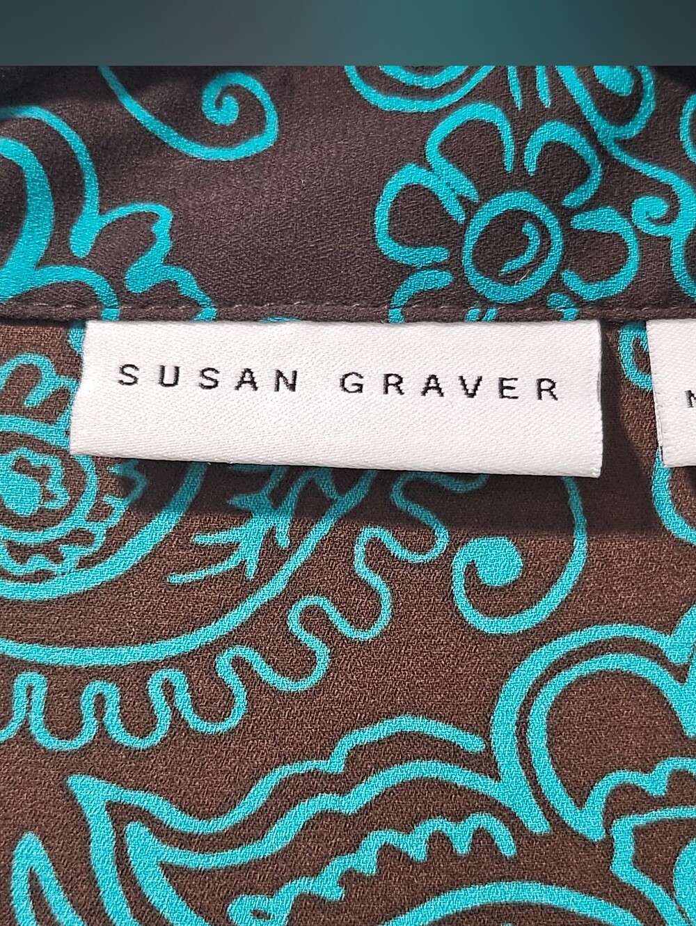 Susan Graver Paisley Pin Tuck Tunic Blouse Sz Medium Brown Teal Boho V-Neck - Picture 8 of 9